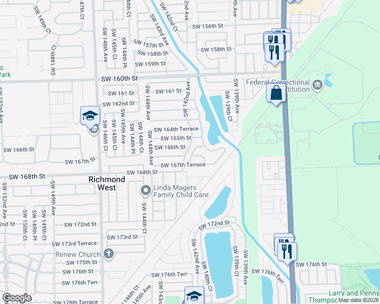 map of restaurants, bars, coffee shops, grocery stores, and more near 16670 Southwest 141st Court in Miami