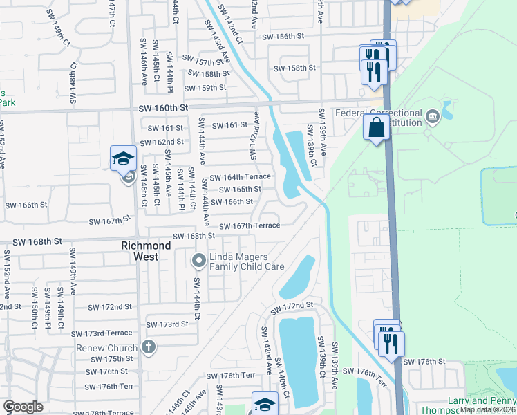 map of restaurants, bars, coffee shops, grocery stores, and more near 16670 Southwest 141st Court in Miami