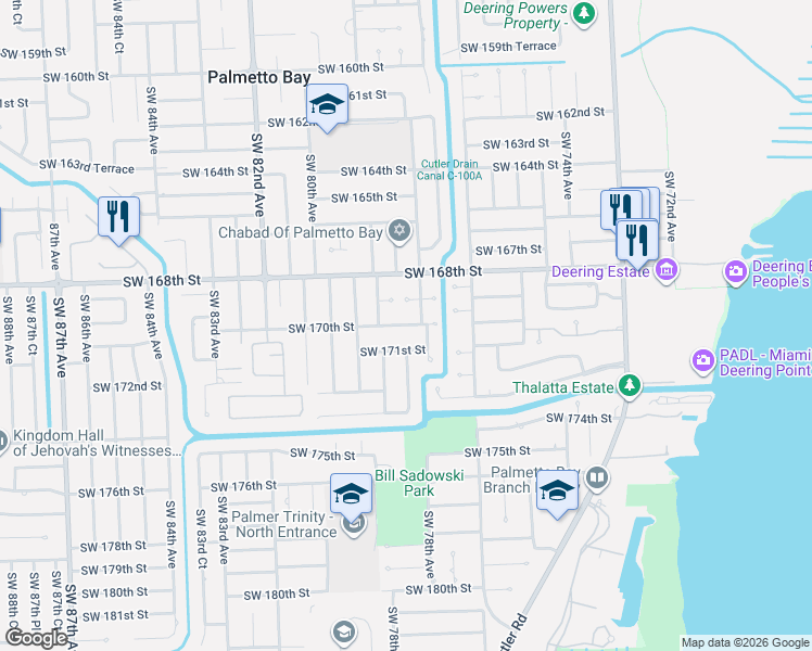 map of restaurants, bars, coffee shops, grocery stores, and more near 7841 Southwest 171st Street in Palmetto Bay