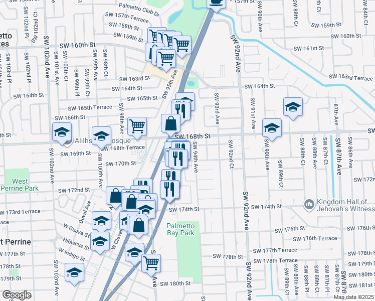 map of restaurants, bars, coffee shops, grocery stores, and more near 16915 Southwest 94th Court in Palmetto Bay