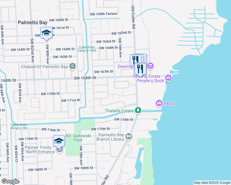 map of restaurants, bars, coffee shops, grocery stores, and more near 7440 Southwest 170th Terrace in Palmetto Bay