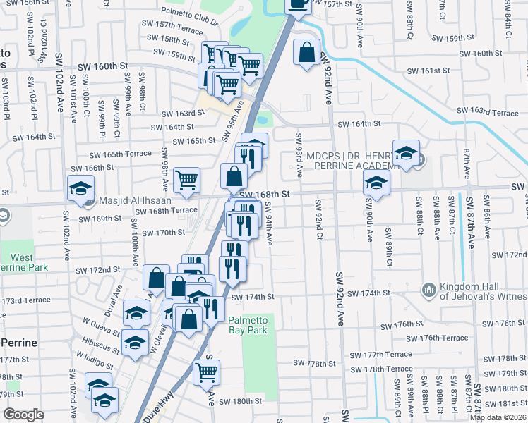 map of restaurants, bars, coffee shops, grocery stores, and more near 9385 Southwest 170th Street in Palmetto Bay