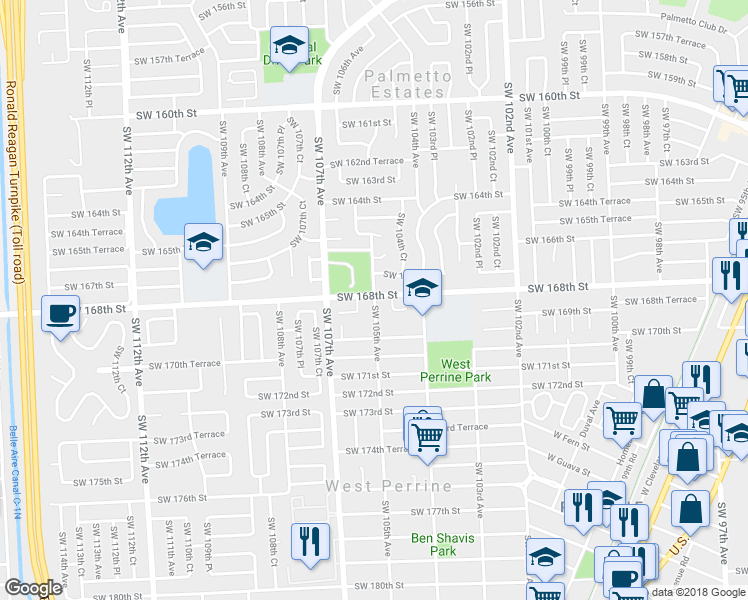 map of restaurants, bars, coffee shops, grocery stores, and more near 16810 Southwest 105th Avenue in Miami