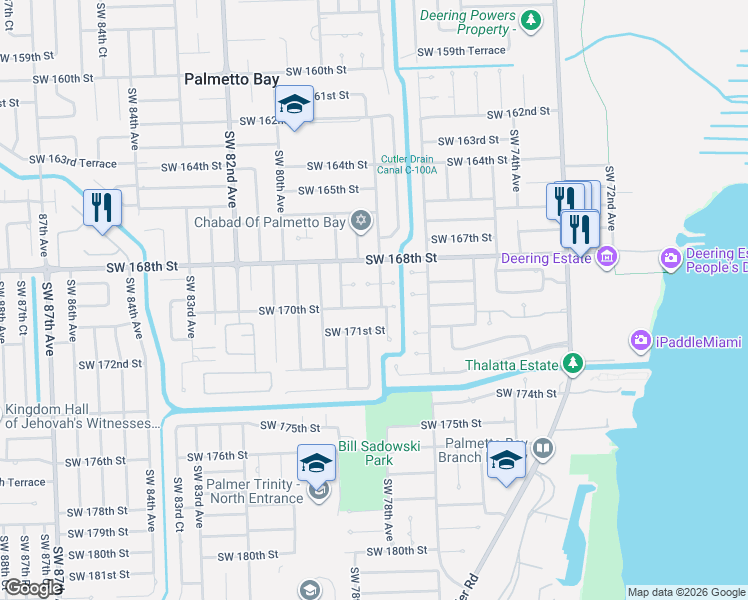 map of restaurants, bars, coffee shops, grocery stores, and more near 7841 Southwest 171st Street in Palmetto Bay