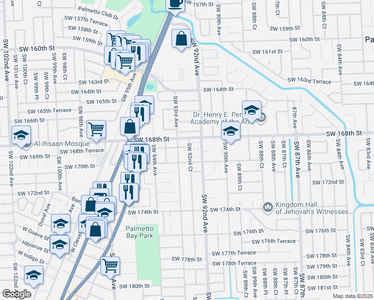 map of restaurants, bars, coffee shops, grocery stores, and more near 16981 Southwest 92nd Court in Palmetto Bay