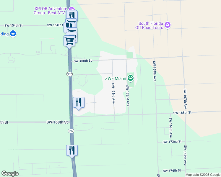 map of restaurants, bars, coffee shops, grocery stores, and more near 16500 Southwest 173rd Avenue in Miami