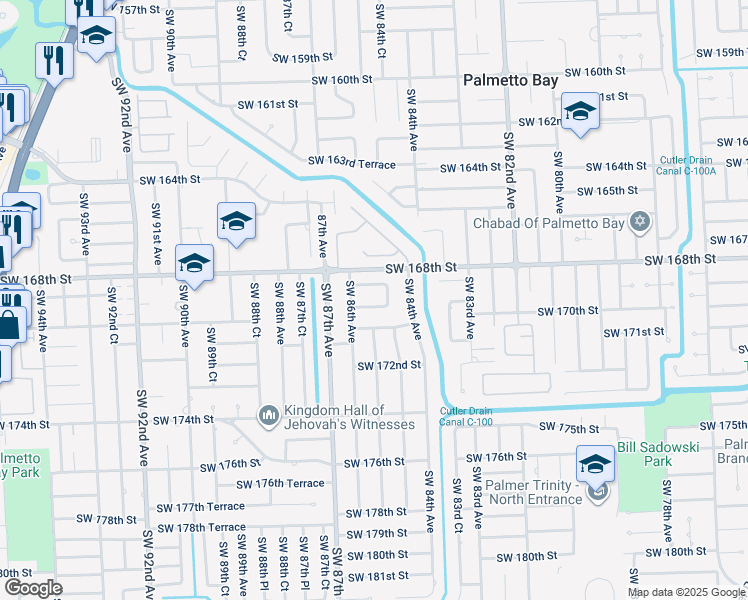 map of restaurants, bars, coffee shops, grocery stores, and more near 8521 Southwest 170th Terrace in Palmetto Bay