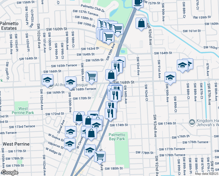 map of restaurants, bars, coffee shops, grocery stores, and more near 9577 Southwest 169th Street in Palmetto Bay