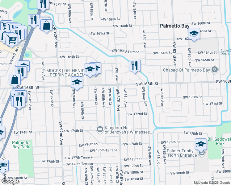 map of restaurants, bars, coffee shops, grocery stores, and more near 16803 Southwest 87th Avenue in Palmetto Bay