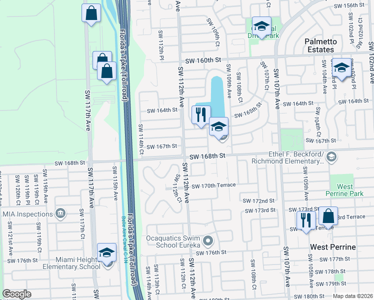 map of restaurants, bars, coffee shops, grocery stores, and more near 11102 Southwest 166th Terrace in Miami
