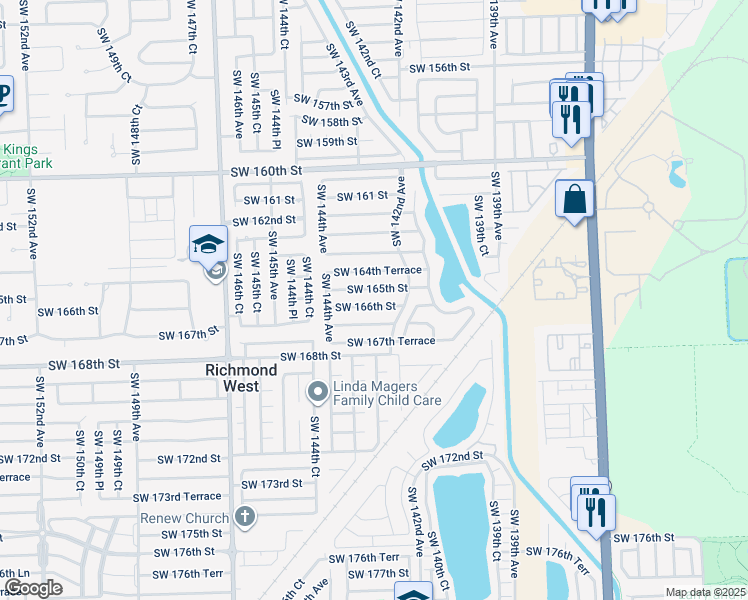 map of restaurants, bars, coffee shops, grocery stores, and more near 14287 Southwest 165th Street in Miami