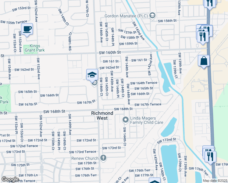 map of restaurants, bars, coffee shops, grocery stores, and more near 16521 Southwest 145th Court in Miami