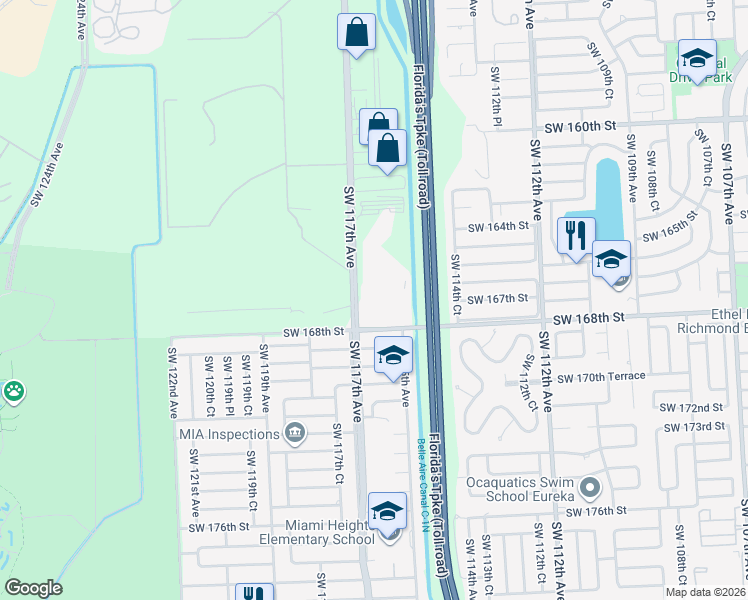 map of restaurants, bars, coffee shops, grocery stores, and more near 16613 Southwest 117th Avenue in Miami