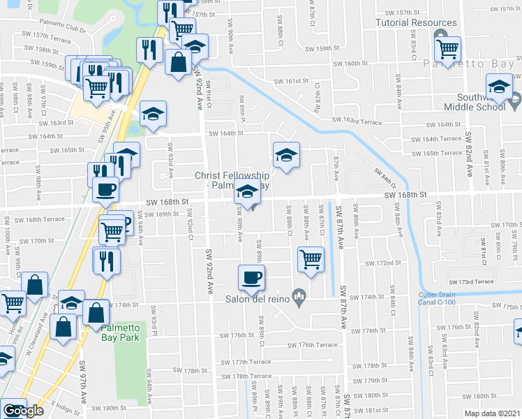 map of restaurants, bars, coffee shops, grocery stores, and more near 8900 Richmond Drive in Palmetto Bay