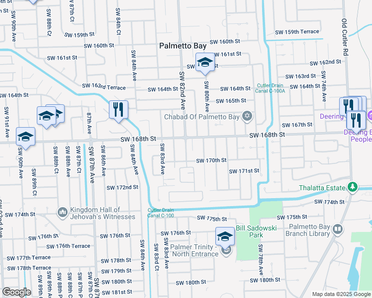 map of restaurants, bars, coffee shops, grocery stores, and more near 16820 Southwest 82nd Avenue in Palmetto Bay
