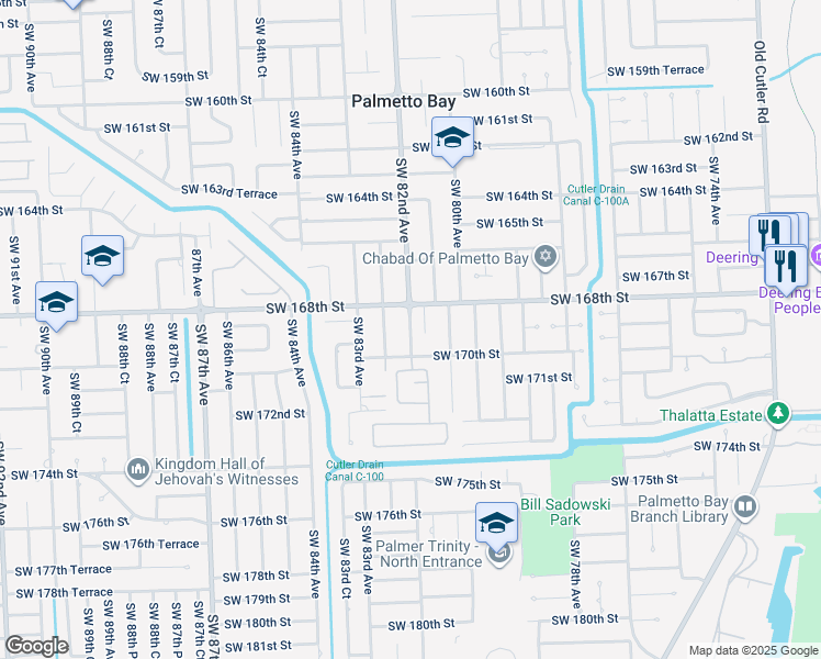 map of restaurants, bars, coffee shops, grocery stores, and more near 16820 Southwest 82nd Avenue in Palmetto Bay