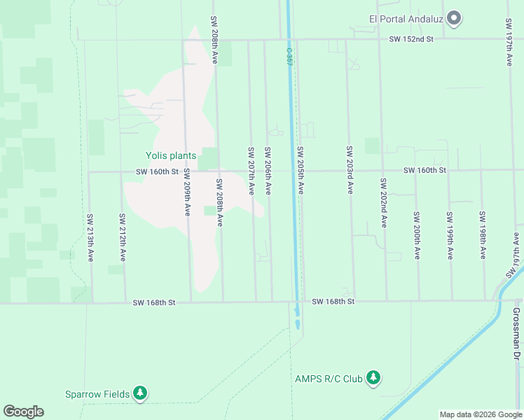 map of restaurants, bars, coffee shops, grocery stores, and more near 16001 Southwest 206th Avenue in Miami