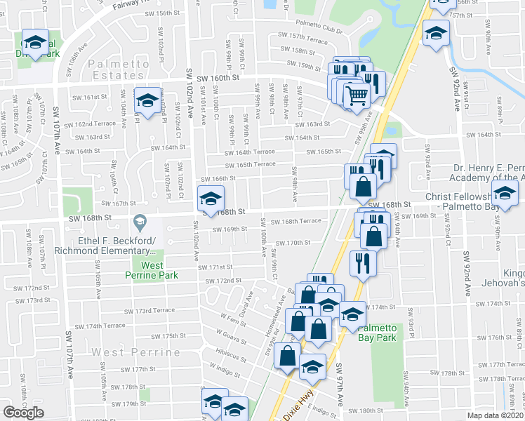 map of restaurants, bars, coffee shops, grocery stores, and more near 10001 Southwest 168th Street in Miami