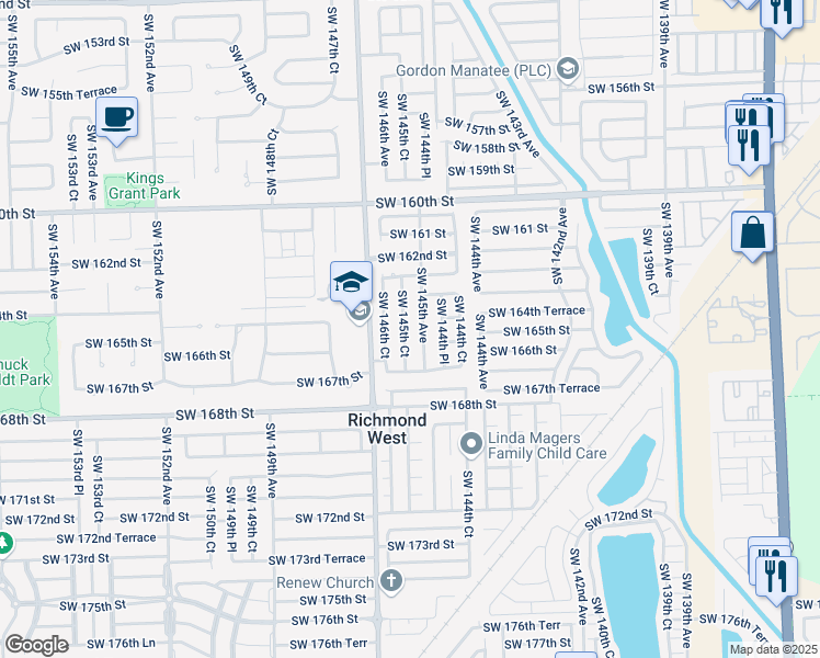 map of restaurants, bars, coffee shops, grocery stores, and more near 16521 Southwest 145th Court in Miami