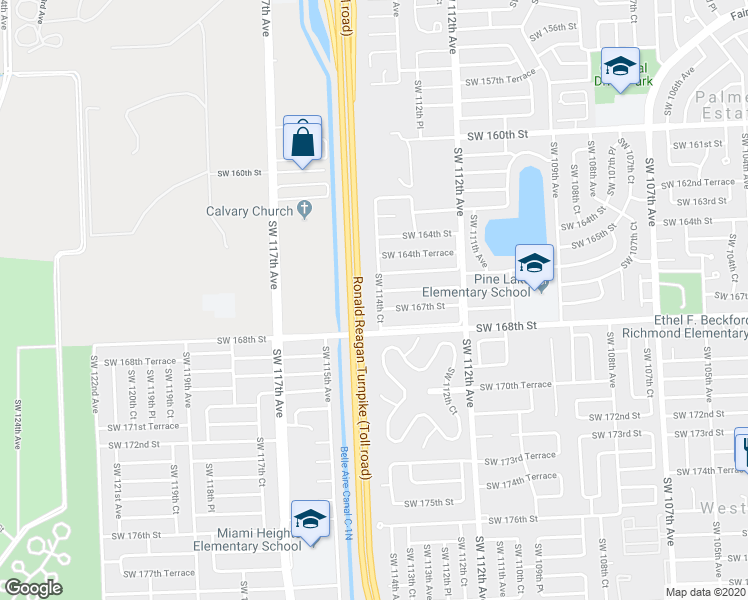 map of restaurants, bars, coffee shops, grocery stores, and more near 16622 Southwest 114th Court in Miami