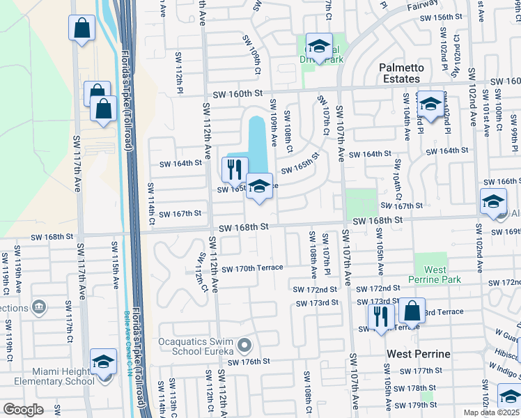 map of restaurants, bars, coffee shops, grocery stores, and more near 16700 Southwest 109th Avenue in Miami