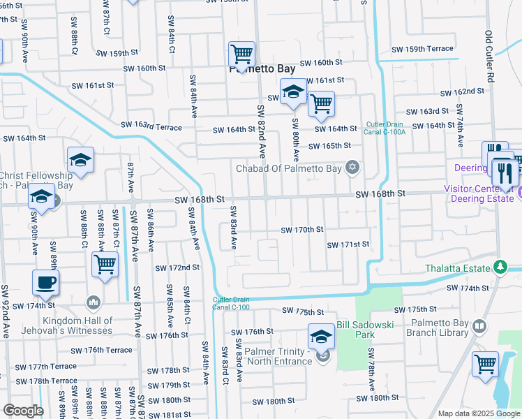 map of restaurants, bars, coffee shops, grocery stores, and more near 16820 Southwest 82nd Avenue in Palmetto Bay