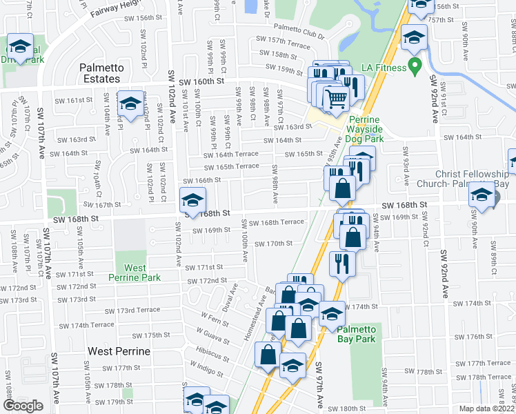 map of restaurants, bars, coffee shops, grocery stores, and more near 9865 SW 168th St in Miami