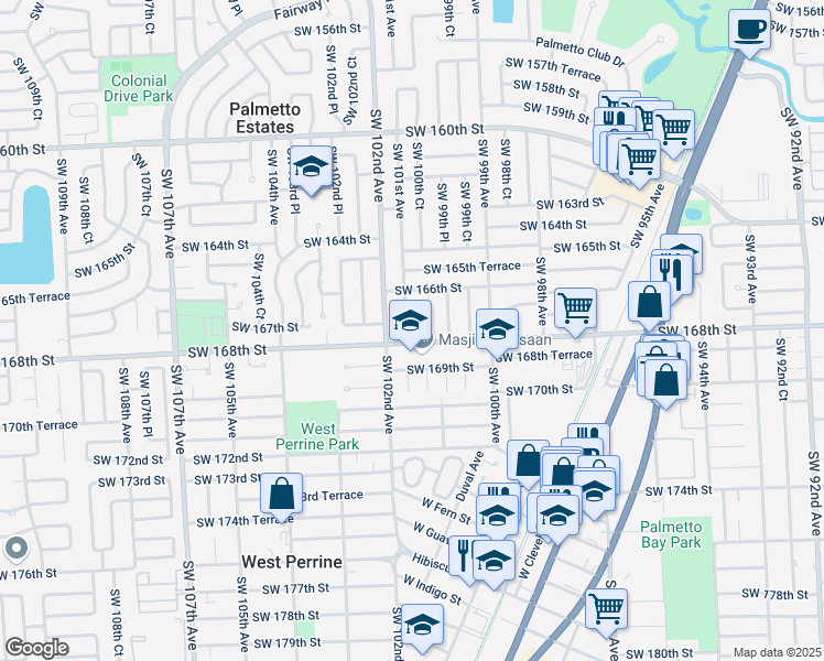 map of restaurants, bars, coffee shops, grocery stores, and more near 16725 Southwest 101st Avenue in Miami