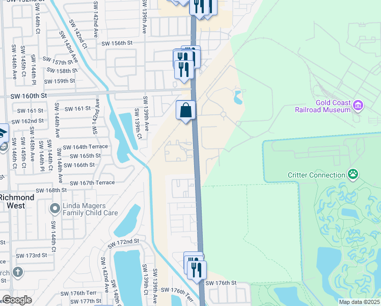 map of restaurants, bars, coffee shops, grocery stores, and more near 16550 Southwest 137th Avenue in Miami
