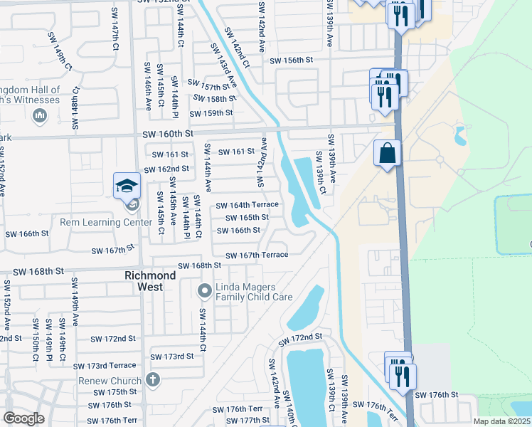map of restaurants, bars, coffee shops, grocery stores, and more near 14207 SW 165th St in Miami