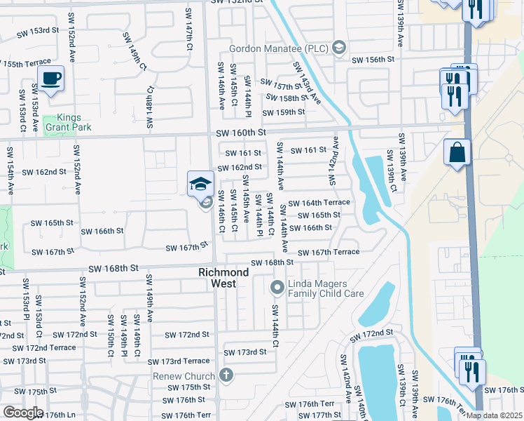 map of restaurants, bars, coffee shops, grocery stores, and more near 16451 Southwest 144th Place in Miami