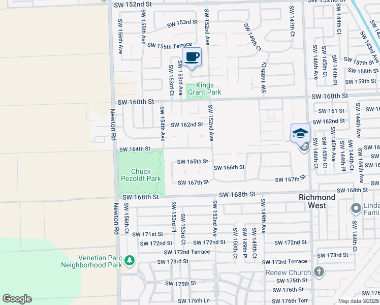 map of restaurants, bars, coffee shops, grocery stores, and more near 15316 Southwest 164th Street in Miami