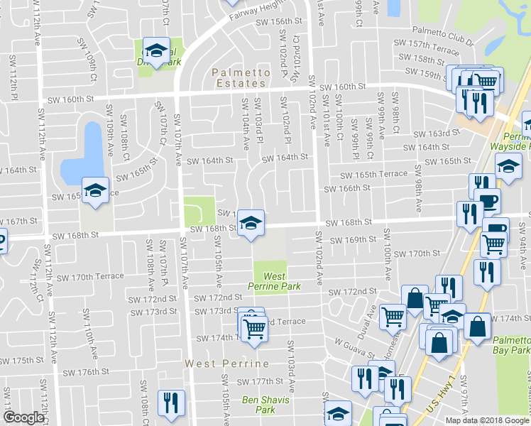 map of restaurants, bars, coffee shops, grocery stores, and more near 7628 Southwest 167th Street in Miami