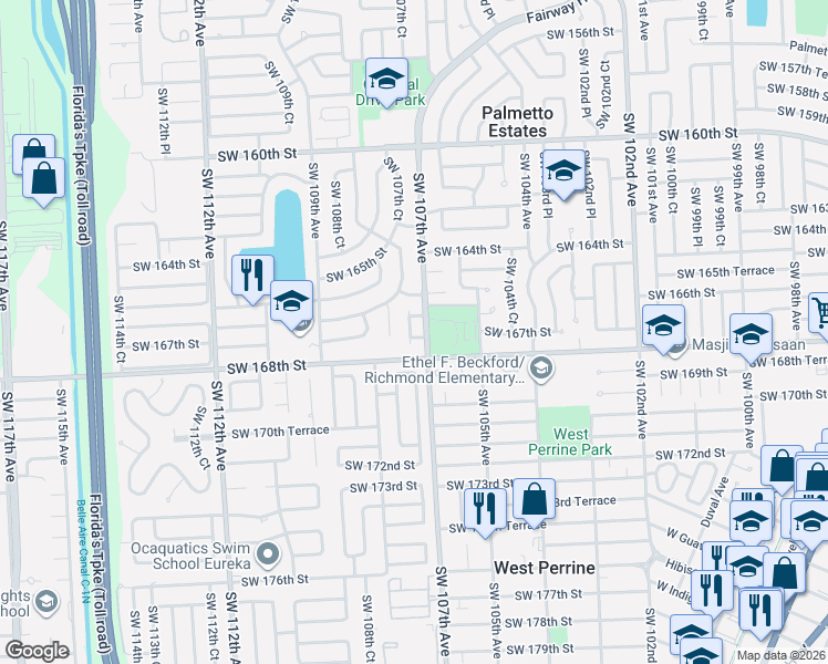 map of restaurants, bars, coffee shops, grocery stores, and more near 10712 Southwest 167th Street in Miami