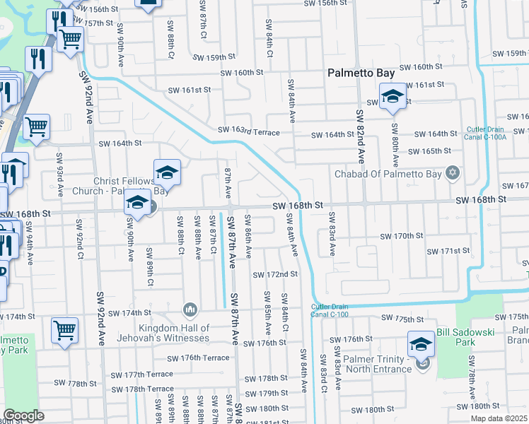 map of restaurants, bars, coffee shops, grocery stores, and more near 8513 Southwest 168th Terrace in Palmetto Bay