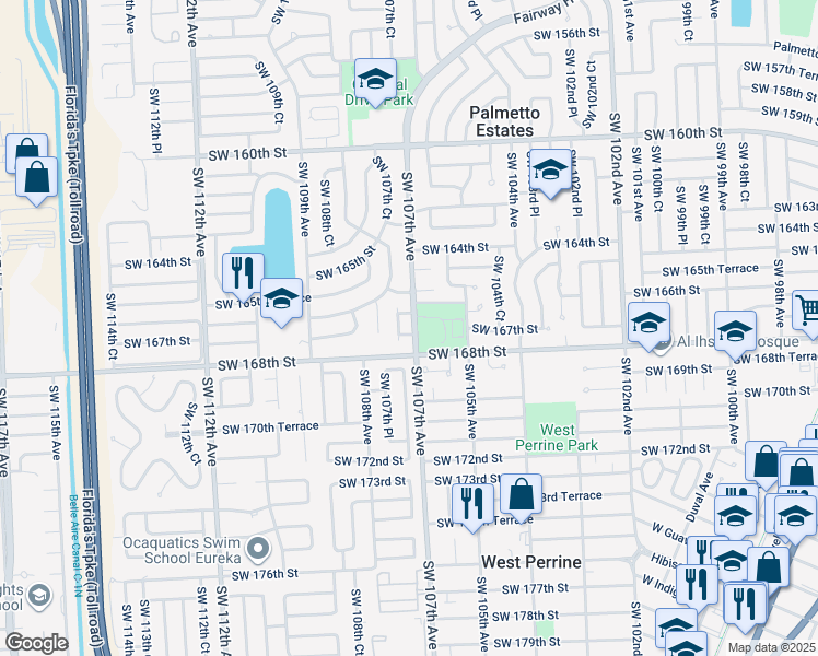 map of restaurants, bars, coffee shops, grocery stores, and more near 10712 Southwest 167th Street in Miami