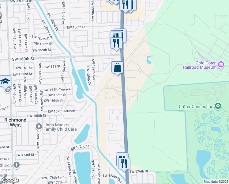 map of restaurants, bars, coffee shops, grocery stores, and more near 16550 Southwest 137th Avenue in Miami