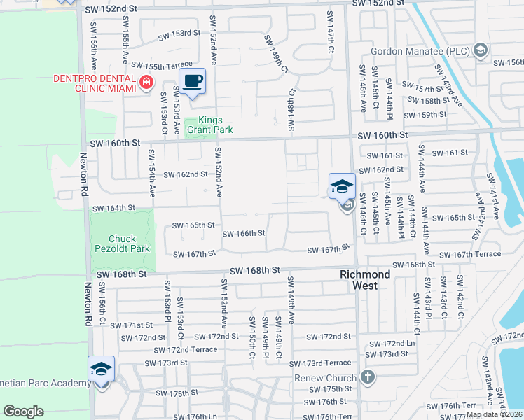 map of restaurants, bars, coffee shops, grocery stores, and more near 14941 Southwest 164th Terrace in Miami