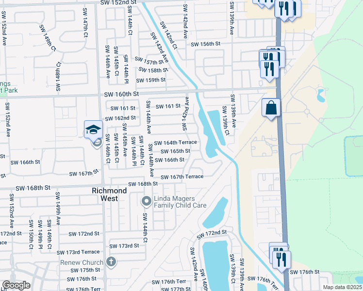 map of restaurants, bars, coffee shops, grocery stores, and more near 14207 Southwest 165th Street in Miami