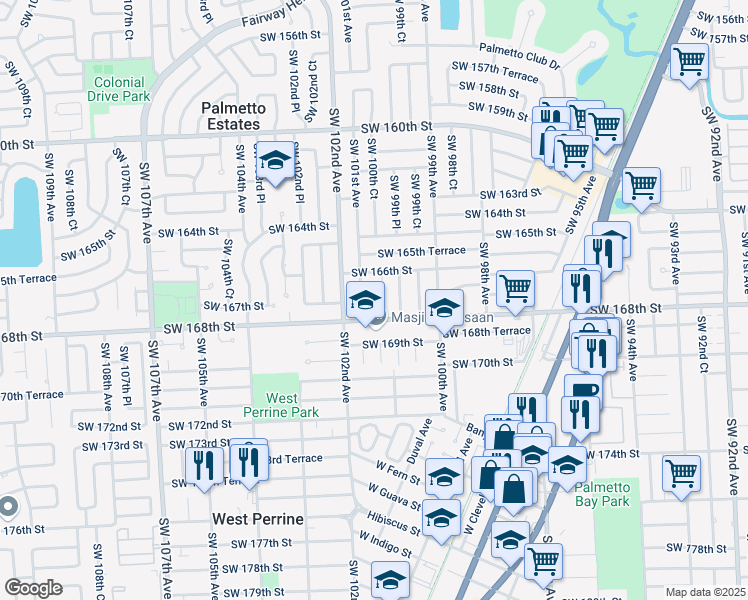 map of restaurants, bars, coffee shops, grocery stores, and more near 16725 Southwest 101st Avenue in Miami
