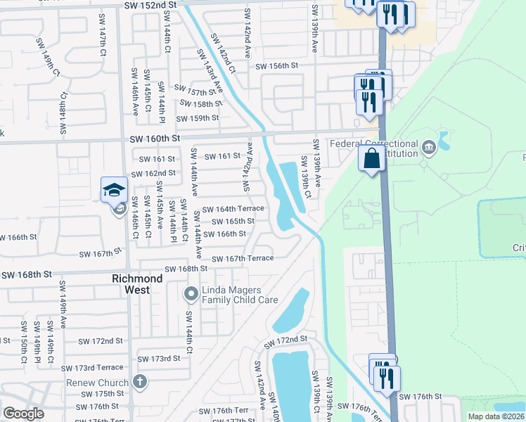 map of restaurants, bars, coffee shops, grocery stores, and more near 14207 Southwest 165th Street in Miami