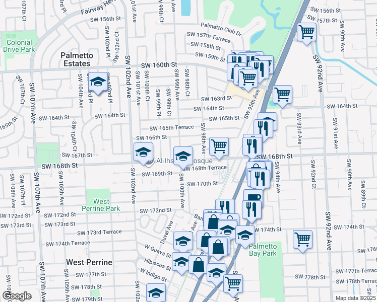 map of restaurants, bars, coffee shops, grocery stores, and more near 9865 Southwest 168th Street in Miami