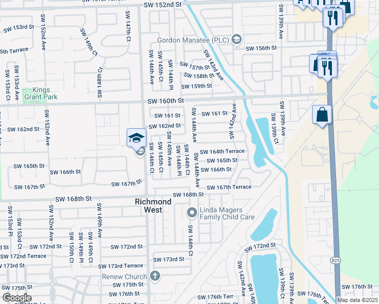map of restaurants, bars, coffee shops, grocery stores, and more near 16451 Southwest 144th Place in Miami