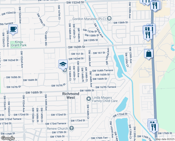 map of restaurants, bars, coffee shops, grocery stores, and more near 16451 Southwest 144th Place in Miami