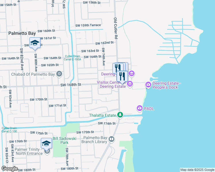 map of restaurants, bars, coffee shops, grocery stores, and more near 7369 Southwest 168th Terrace in Palmetto Bay