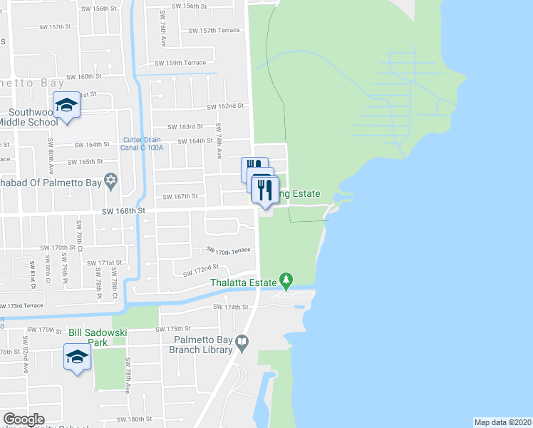 map of restaurants, bars, coffee shops, grocery stores, and more near 7290 Southwest 168th Street in Palmetto Bay