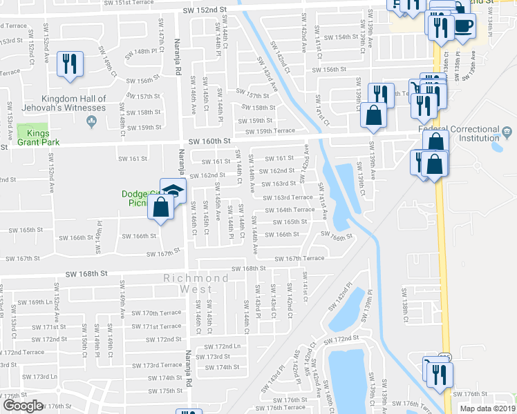 map of restaurants, bars, coffee shops, grocery stores, and more near 14375 Southwest 164th Terrace in Miami
