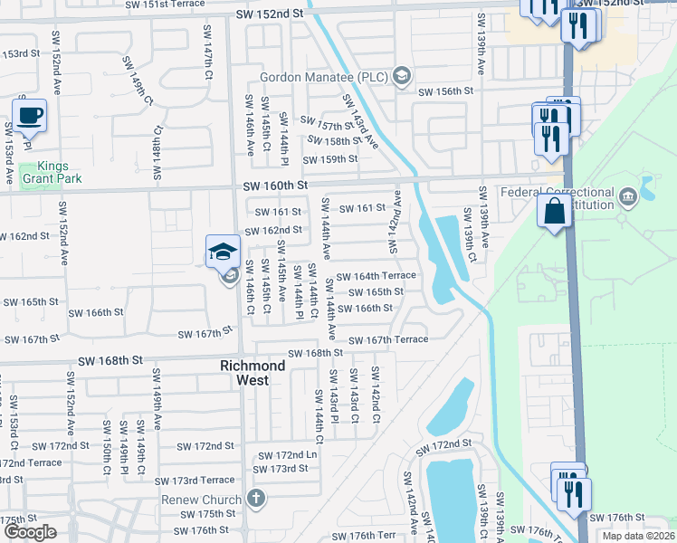 map of restaurants, bars, coffee shops, grocery stores, and more near 14377 Southwest 165th Street in Miami