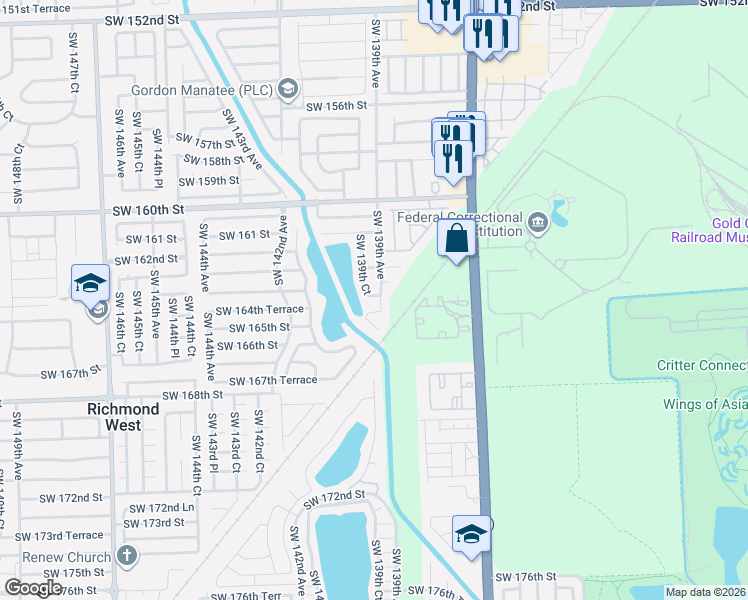 map of restaurants, bars, coffee shops, grocery stores, and more near 13855 Southwest 163rd Terrace in Miami