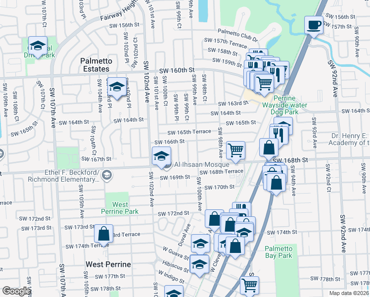 map of restaurants, bars, coffee shops, grocery stores, and more near 9965 Southwest 166th Street in Miami